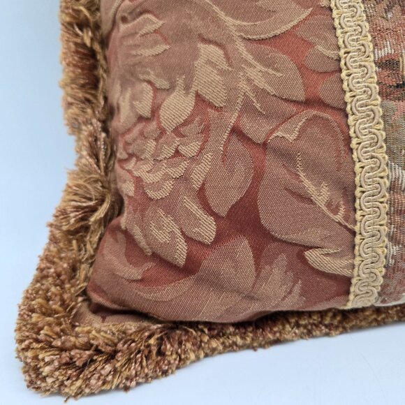 Vintage Aubusson style Tapestry Floral Rectangular Throw Pillow with Gold Fringe - Picture 2 of 11